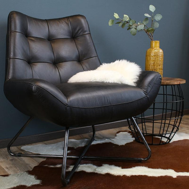 Industriële fauteuil Cole zwart | 100% runderleder