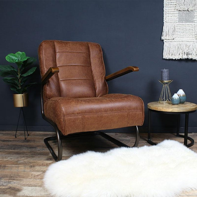 Industriële fauteuil Jarren cognac leer