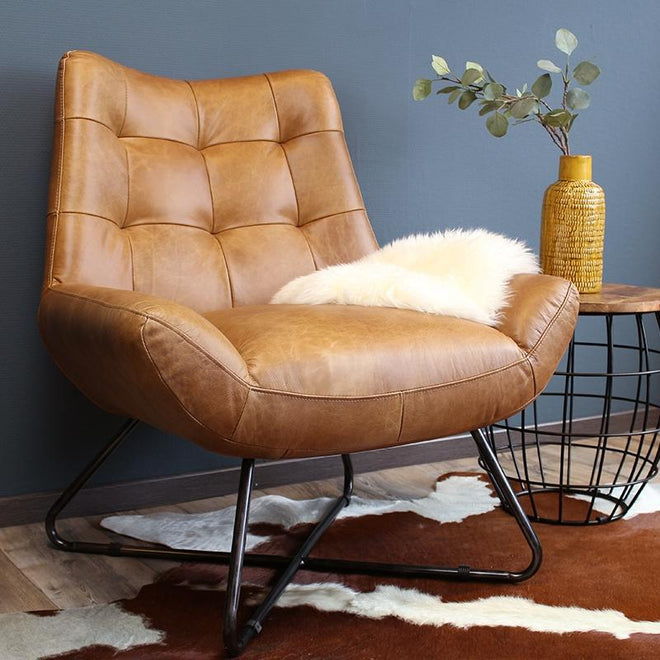 Industriële fauteuil Cole cognac leer | 100% runderleder