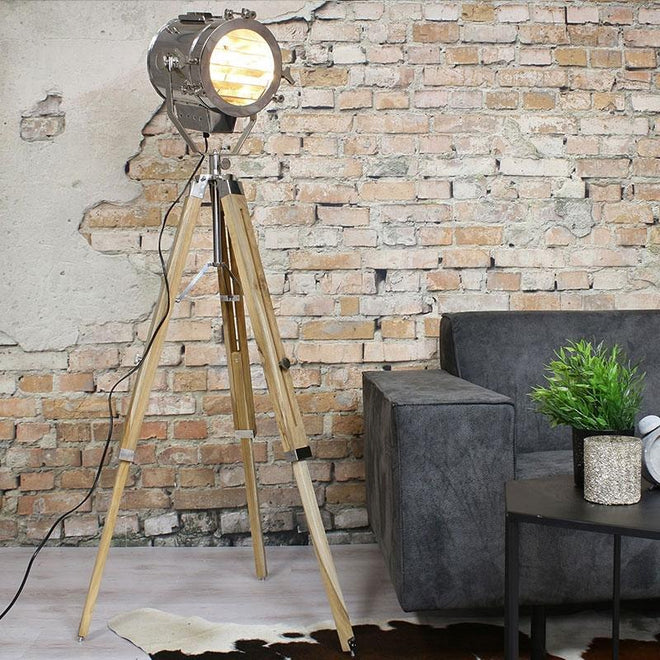 Industriële vloerlamp Jax hout metaal