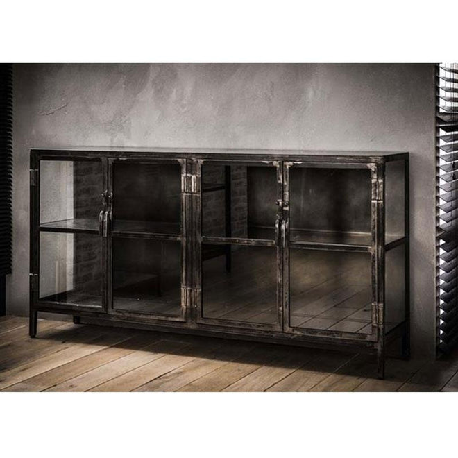 Industrieel dressoir Camilo zwart glas metaal