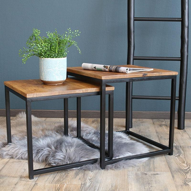 Industriële salontafel set Cube vierkant mangohout (2 stuks)